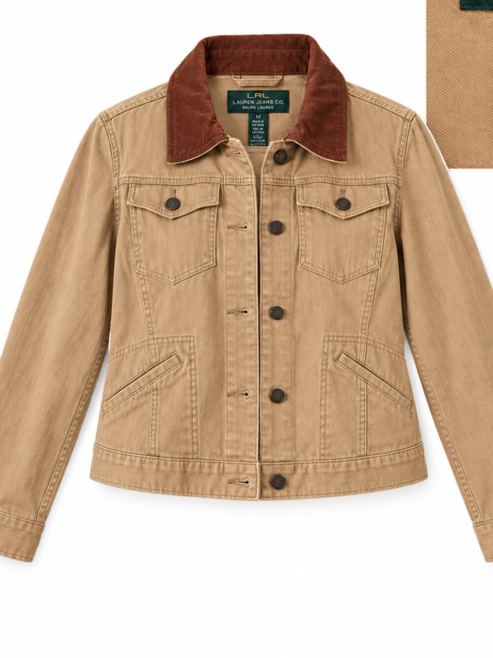 Lauren Ralph Lauren Tan Trucker Jacket Leather Collar Khaki Stretch Denim Med - Picture 3 of 6